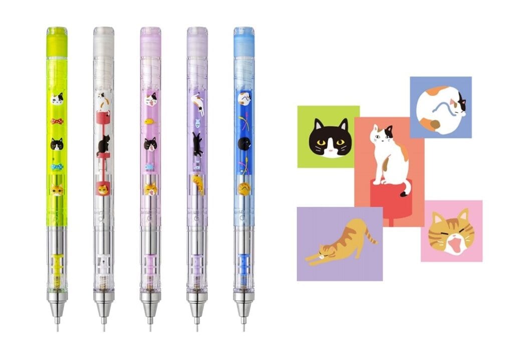 The five pencil bodies with their cat illustrations. Product image: Tombow.