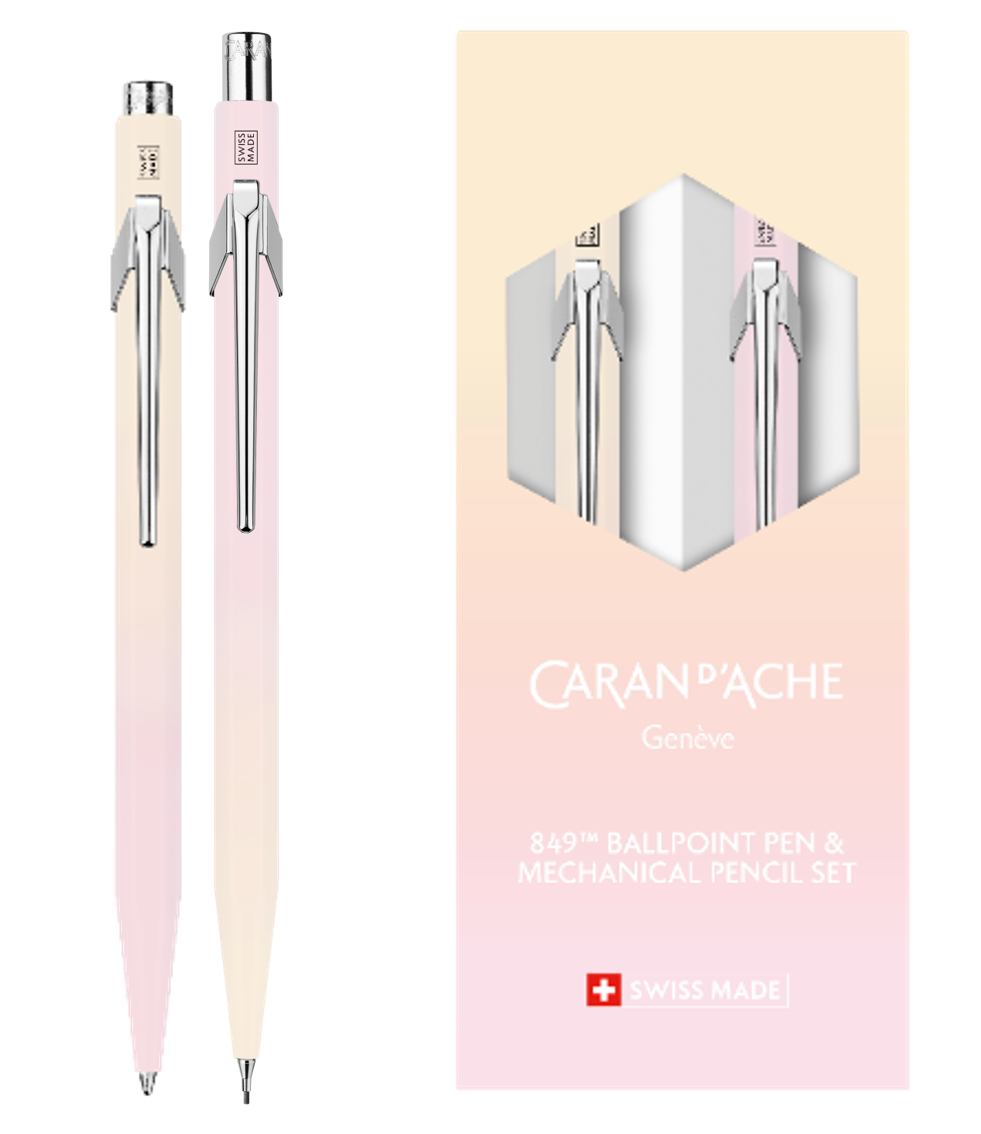 The complete 849 Horizon ballpoint and 0.5 mm mechanical pencil beside their pink-and-yellow gift packaging