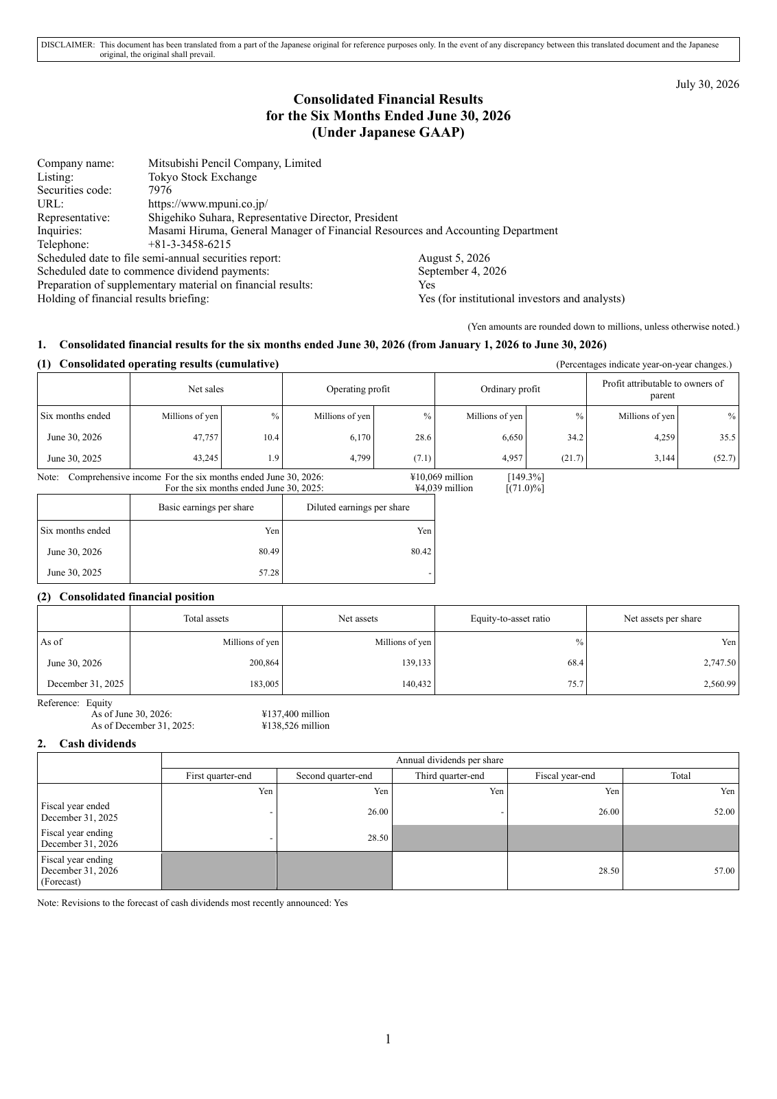 First page of Mitsubishi Pencil’s July 30 results. Original issuer filing, reproduced as a document image.