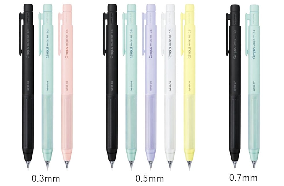 Magic Fit’s mechanical-pencil lineup spans three lead diameters. Product photograph: Kokuyo.