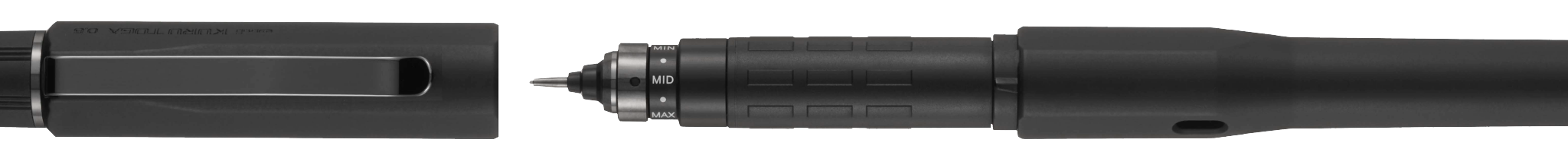 Full Black with the cap removed, showing the dark hardware and writing end. Product image: Mitsubishi Pencil.