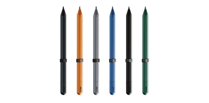 Six AEON Gravity pencils in titanium, orange, gray, blue, black and green