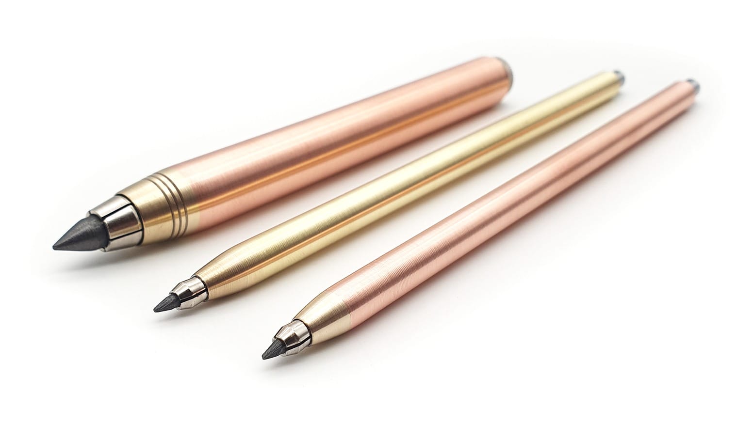 The 10th-anniversary copper and brass clutch-pencil collection. Campaign photograph: Nicholas Hemingway.