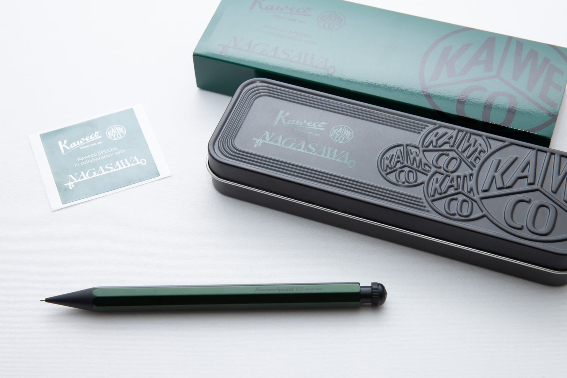 Nagasawa’s green Kaweco Special with its tin and sticker. Photograph: Nagasawa.