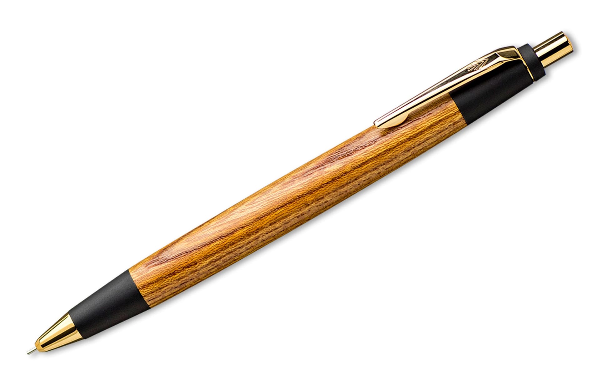 Complete Nohara Keyaki wooden mechanical pencil with gold-finish tip, clip and push button