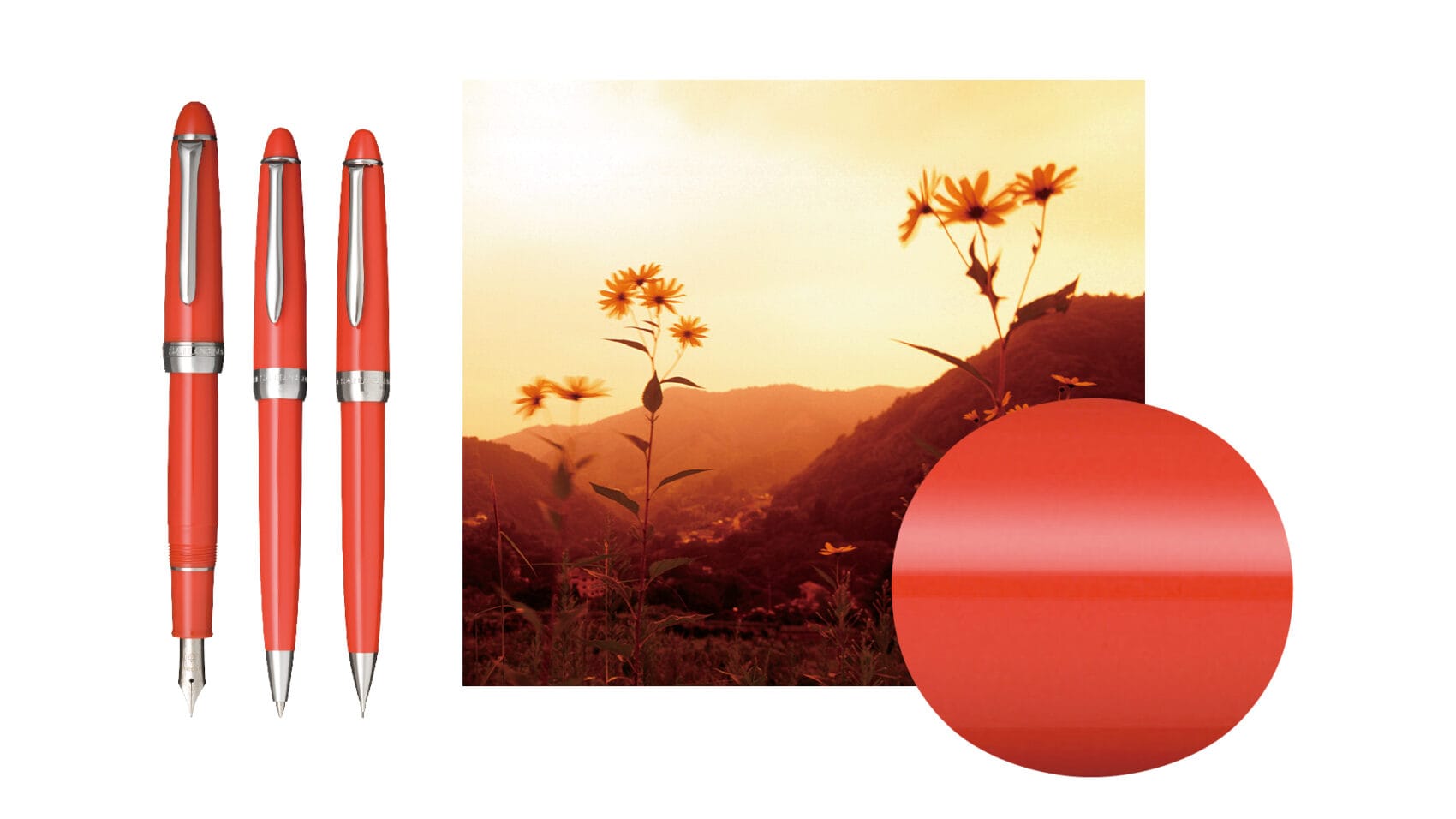 Sailor Hisakata Akanezora fountain pen, ballpoint and mechanical pencil beside the collection’s sunset artwork