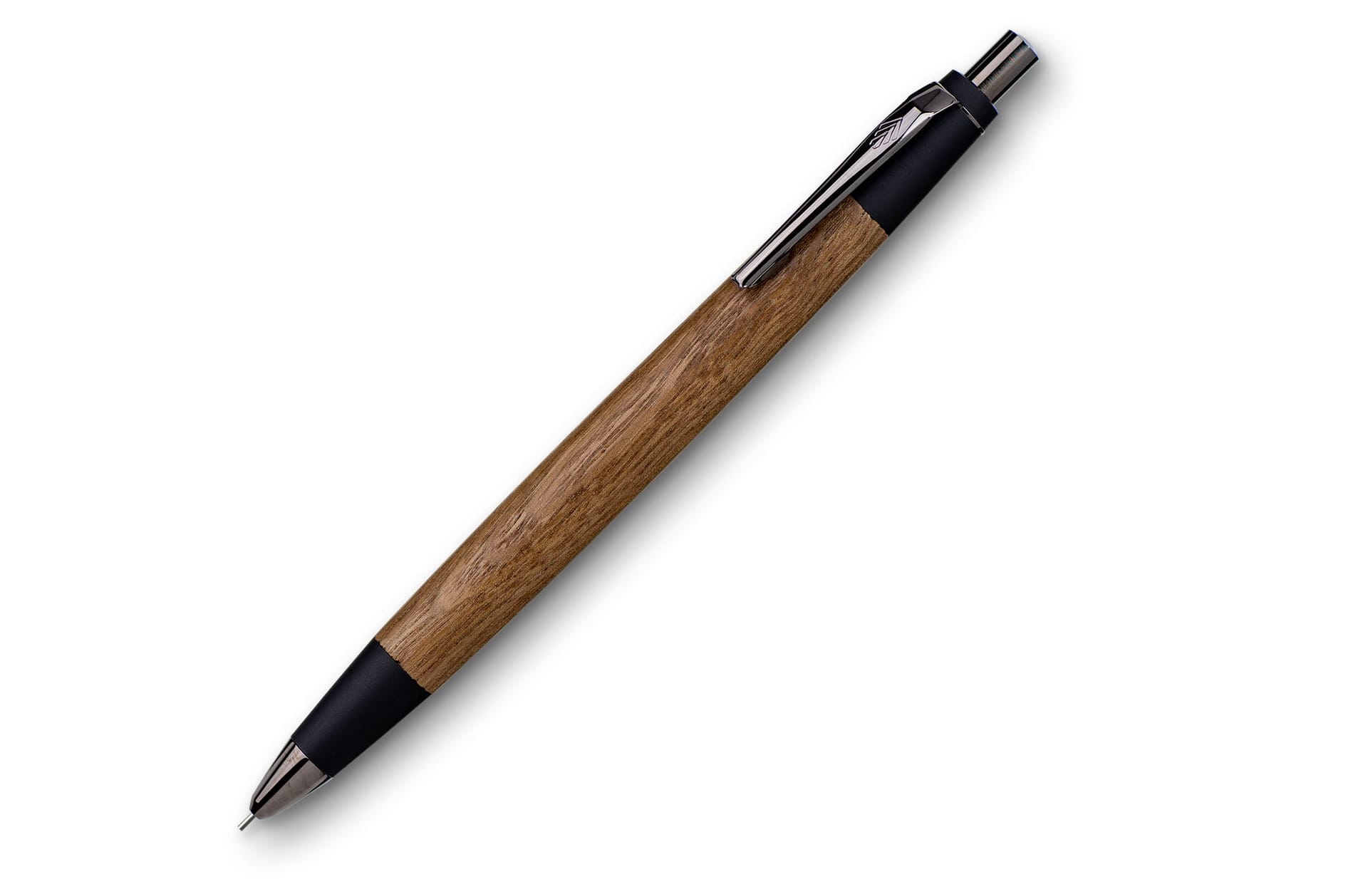 Nohara Kogei Jindai Tamo mechanical pencil with Neo Black hardware on a white background.